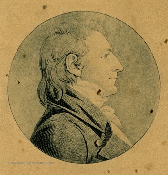 A print of a portrait sketch of Major Bedinger, born December 10, 1756, died December 7, 1843; married Henrietta Clay, February 11, 1792. The physical description on the back of the print includes: "Hair-Auburn, Eyes-dark blue almost black piercing, coat dark blue-gold buttons".