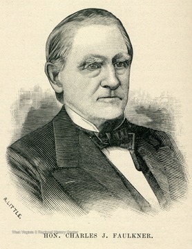 Sketch of Charles J. Faulkner, delegate to the 1872 West Virginia Constitutional Convention. Faulkner was arrested in 1861 by the Federal authorities, while returning from France. He was in France negotiating the sale of arms to the Confederate government. Later Faulkner served on Stonewall Jackson's staff.