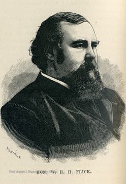 Sketch of William Flick who served as a delegate for Pendleton County in the West Virginia State Legislature, 1868-1870. He was appointed United States District Attorney for West Virginia by President Arthur in 1882.