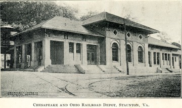 Post card print of the third depot built on this location in Staunton, Virginia in the Shenandoah Valley. The original station was burned by Union General David Hunter in 1864 and the second station was destroyed by a runaway train in 1890. The depot in the photograph was built in 1902.