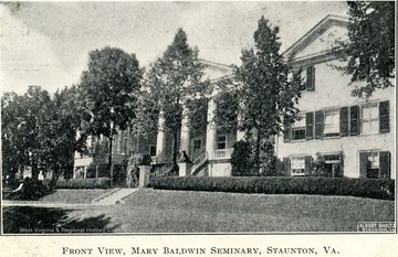 Post card print of the front view of the Mary Baldwin Seminary, formally the Augusta Female Seminary.