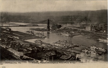 Post card print of harbor area on the Monongahela River at Pittsburgh includes barges and riverboats.