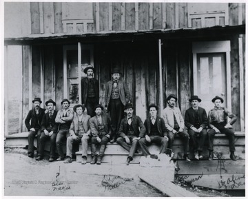 Built by Mr. Hukill on Dunkard Ridge, Monongalia County between Dolls Run and the Pennsylvania state line. Many oil wells were located in this area. The hotel boarded several oil workers, speculators, and contractors. Few identified in photograph are (left to right): Bill McKee, Dave Miller, Mac Browers, and J. Oliver Dan ?