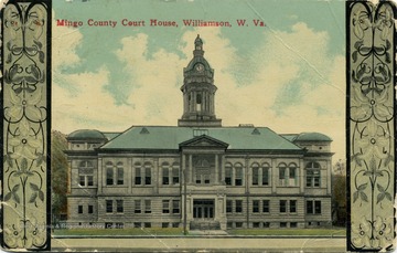 Post card with a color illustration of the Mingo County Court House in Williamson, West Virginia