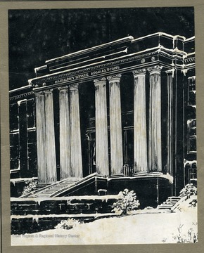 A black and white positive of a sketch of the College main building.