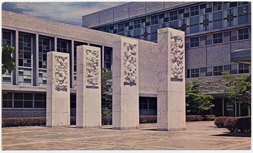 Post card, color print of the Pylons outside the Health Science Center on the WVU Campus.