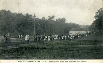 Photograph shows a U. B. Church picnic party from Scottdale, Pennsylvania.