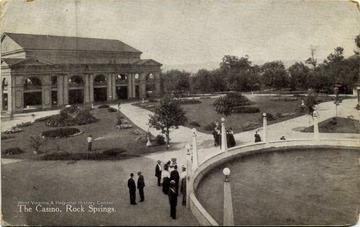The Casino was built in 1906 in Rock Springs Park. It had a Japanese Tea Garden, a shooting gallery, barber shop, billiard hall, six bowling alleys, and an 18,000 square foot white maple dance floor for 750 people. The Casino was destroyed by fire in 1914. The image is a post card photograph print with note and address on the back (see original for content).