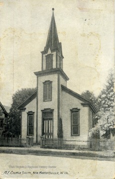 Methodist Episcopal Church located in New Martinsville, West Virginia. The image is a post card photograph print with a note and address on the back. See original for content.