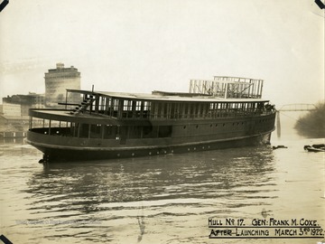 Post launch of the "General Frank M. Coxe". This ship was built by The Charles Ward Engineering Works in Charleston, West Virginia.
