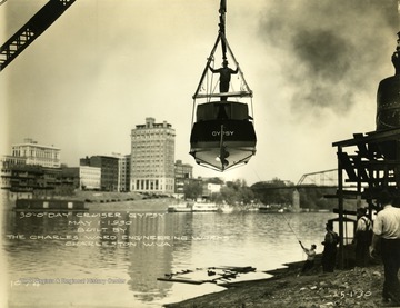 Launching the Gypsy Day Cruiser into the water. Ship built by The Charles Ward Engineering Works in Charleston, West Virginia