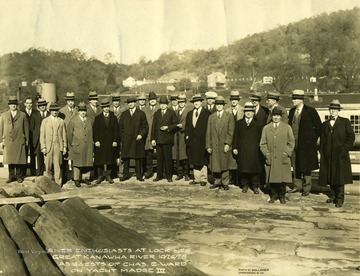Guests of Charles Ward at a yacht party. Front Row Left to Right: George E. Sutherland, E.T. Jones, B.G. Smith, Major E.D. Ardery, Col. Harley B. Ferguson, Charles E. Ward, R.P. DeVan, J.S. McKeever, M.M. Eppstein, D.C. Kennedy, R.H. Horner. Back Row Left to Right: George Szepinski, Capt. Mac Wright, L.H. Davis, Frank Conklin, R.I. Grimm, F.B. Duis, W.M. Wiley, Albert J. Dawson, E.M. Merrill, R.H. Morris, C.H. Mead, S.D. Archbold, Owen M. Jones, Major Lester Ridenour.  Note: See back of photograph for individual titles and companies.