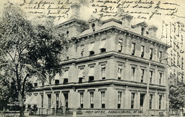 Photograph postcard of the Post Office in Parkersburg, West Virginia. See original for note written on front and back of the post card.