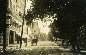 Photograph of High Street in Morgantown, West Virginia. See original for correspondence written on the back.