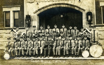Postcard photograph of the West Virginia University Cadet Band in Morgantown, West Virginia.