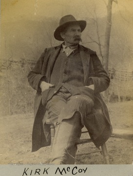 The subject's full name is most likely Selkirk McCoy, the son of Asa McCoy and a member of the West Virginia branch of the McCoy family in Logan County. This photograph was taken during the building of the Ohio Extension of the Norfolk and Western Railroad.