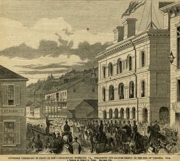 A wood craving illustration published in "The New York Illustrated News", with the caption: "Governor Pierrpont (sic) in front of the Custom-House, Wheeling, Virginia., welcoming the Illinois troops to the soil of Virginia." Pierpont was the governor of the Restored Government of Virginia, loyal to the Union during the Civil War.