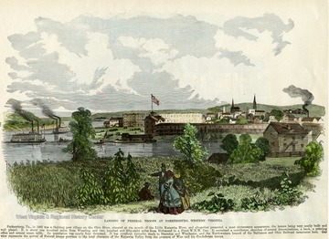 A colored wood craving illustration of Parkersburg on the Little Kanawha River in Wood County, Va. (later West Virginia). Several Federal troops from states west of the Ohio River were deployed here during the Civil War to hold vital railroad lines and turnpikes of which Parkersburg was the terminus.