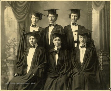 Graduation photograph from Ethel Maybury Academy. Three girls are identified: Sadie Louise Richards, Winchester, Virginia; Virginia Clyde Joyce, Gambrills, Maryland; Onea Clyde Clatte, Hinton, West Virginia. Inscribed on the back: " From Jim Pettrey of the Hinton Daily News Collection to Stephen Trail." 