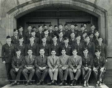 The "Scabbard and Blade" organization is a National Honor Society of cadet officers.  1st row: Raine, Muffly, McIntyre, Brooks, Wooters, Counts, Linkinogger, West; 2nd row: Bom, Hoye, Gibson, Stafford, Vickers, Miller, Hammel, Mate, Legg; 3rd row; Wright, Huff, Sonneborn, Brown, Alderson, Marshall, Hershberger; 4th row: Bell, Smith, Brown, Brook, Barrick, Hilliard, Kee, Carlin; 5th Row: Casto, Eby, Coffman, Debiase, Lynch, Jackson. 