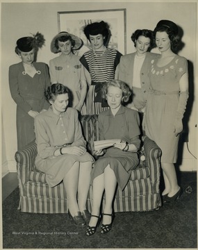 Back row; Mrs. Miles L. Cobun, Mrs. Margaret Barrick, Mrs. Nancy Morris Sanders, Mrs. Rufus Reed, and Mrs. Duane Adams. Front row: Mrs. Patricia Simpson Baker and Mrs. Dorothy Stone White.