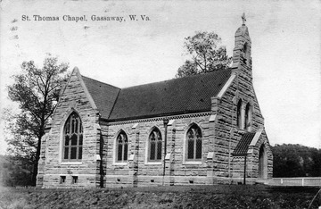 Post card photograph of a stone constructed church in Braxton County.