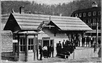 The first train station at Gassaway. An Adams Express Office is located at the depot.