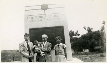 Colonel Morgan Morgan made the first settlement in West Virginia, in 1726. In the photo from left to right there is Mathers "Mike" Barrick, George M. Barrick III, Max Mathers and Margaret Barrick. The Mathers/Barrick family were descendents of Col. Morgan Morgan. 