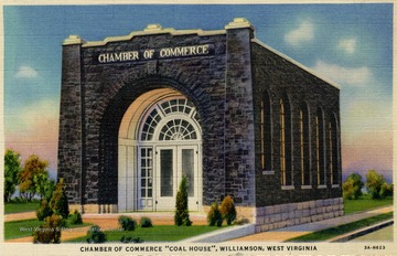 Inscribed on the back of the post card, "Built in the Land of Coal-- of coal mined in the Williamson coalfield. Located on the Courthouse Square, Williamson, Mingo County, W. Va."
