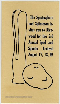 Postcard announcing the festival held in Richwood to celebrate clothes pins and potatoes. The world's largest clothes pin factory was located in the area and the county's cash crop was potatoes.