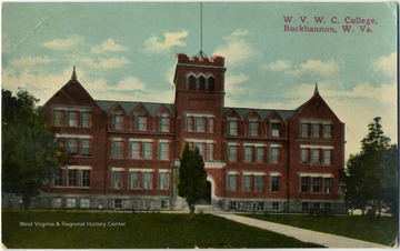 Colored postcard photograph of W. V. C. College [West Virginia Wesleyan College] in Upshur County. See back of the original image for correspondence. 