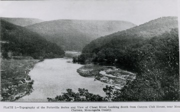 Information included: The photograph was taken near the mouth of Whites Run on the west bank looking down the river (southeast). The village of Rockley, on the west bank, right-center, was built at the mouth of Maple Run and supported a cooperage factory, manufacturing containers, especially nail kegs.  Filled with iron products from the Cheat Iron Works, the containers were transported on the river to markets.