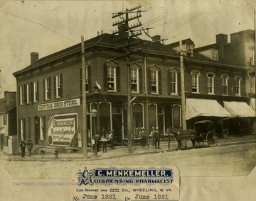 Located at the corner of Market and 22nd Streets, only identified subjects are Dr. R. H. Bullard with his horse and buggy. Other information included with the photograph, "Dr. J. A. Campbell office over drug store; Mr. Chas. Menkemeller lived over drug store; John Coleman, Harry Mooney and Martin Wayman worked at the drug store; [Later renamed Oldes Prescription Drug Store]; Next door is J. F. Miller Cigar Store. 2151 Market St., Next door is Mr. P. Flug Sloone, Next Door is Mr. A. F. Stauver Jewelry Store."