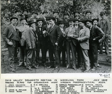 Making plans for organizing West Virginia Pharmaceutical Assn. Identified front row L to R: 1.John Coleman, 2. Alex Young; 3. Unidentified; 4. John G. McLain; 5. John Kean; 6. G. H. Ebeling; 7. ___ Gordon; 8. W. S. McElroy; 9. John Klari; 10. O. P. Sydenstricker; 11. Charles Goetze; 12. Charles Menkemeller; 13. Ernest Hoge; 14. John Ehrle; 15. W. W. Irwin; 16. Harry Stewart; 17. Christian Schneph; 18 Marion Young; 19. R. W. Schnelle; 20. Dr. Manley; 21. Chatham Sinclair; 22. Louis Schrader