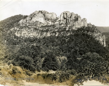 View of landscape, Seneca Rocks and the South Branch River at Smoke Hole.