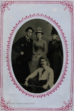 Frank Holme (standing, far left) from Preston County, West Virginia was a renown artist and newspaper illustrator. Here he poses with unidentified friends, one woman maybe his wife, Ida Van Dyke Holme.