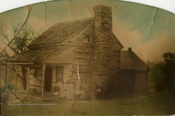 Painted photograph of the Summers home. The structure was built ca. 1800 by Thomas Armstrong and his father. Joseph Summers and his wife Julia began living here in 1853. Identified in the photograph left to right: William Caleb Summers; Sarah Summers Wolf Bower; Elmira Francis Knapp Summers Hurshman; Maud Bower Huffman; Iva Burke Summers; William Bower 