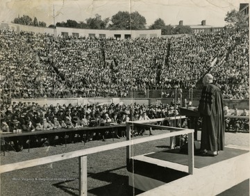 Eisenhower addressed the crowd gathered at Mountaineer Field during a special convocation on "Eisenhower Day".