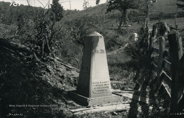 Marker 21 one mile east of Cranesville, W. Va. located on the original boundary line known as the Deakins Line. This was established as the legal boundary by the United States Supreme Court in a 1910 decision.