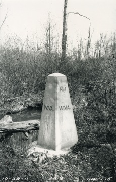 Marker #1, initial point of boundary line south, set one mile north of the Fairfax Stone on the southbank of the North Branch of the Potomac (headwaters of the North Branch) located at the corner of Tucker County, West Virginia and Garrett County, Maryland.