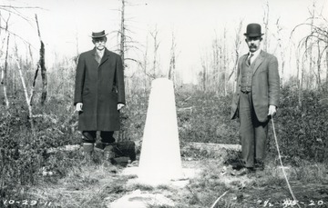 Located on the north-south meridian called the Deakins Line near Cranesville, W. Va., the describe position of the marker in a report states, "...stands diagonally as the line turns to the east."  Gannett and Monroe were commissioned to survery and map the boundary as well as set markers according to a 1910 decision by the United States Supreme Court which settled the boundary dispute.