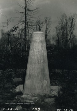 Monument set by a team of workers under guidance of surveyors, Samuel Gannett and Julius Monroe, on the original Deakins Line, as order by the United States Supreme Court in 1910