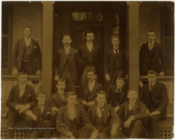 Group portrait of a fraternity at West Virginia University. None of the memebers are identified. [No. 12]