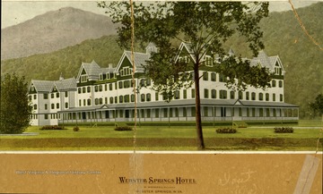 A painted photograph of the Victorian style resort hotel. The original section was built in 1897 by Senator J. N. Camden and housed 265 rooms, turkish baths, tennis courts, garden, horse stables and a bowling alley. Additions were built by new owners.