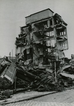 Buildings in a German City bombed by the U.S. and RAF Forces, lay in ruins towards the end of the World War II.