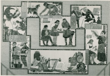 The mural documents the development of the book through out history and was designed and created by WVU faculty member and local artist, Josephine Mather Aull. It was commissioned by the WVU Book Store and dedicated in the fall of 1968. Though the photograph is black and white the mural is in color.  See the Printed Ephemera Collection, P18181.