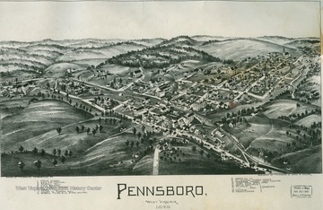 Photograph of a map of Pennsboro in Ritchie County, includes roads and structures.