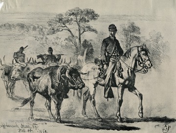 Illustration of soldiers leading cattle which will serve as food for the army.