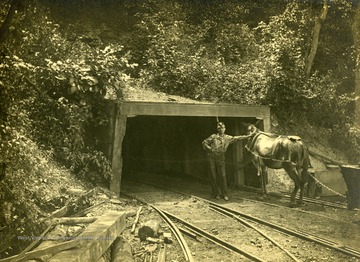 Worker stands with a horse pulling a cart near mine entrance.