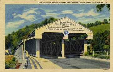 This bridge was erected in 1852 serving both the North and South in passage of troops and supplies across mountains into Virginia. Published by Tygart Valley News Company. (From postcard collection legacy system.)